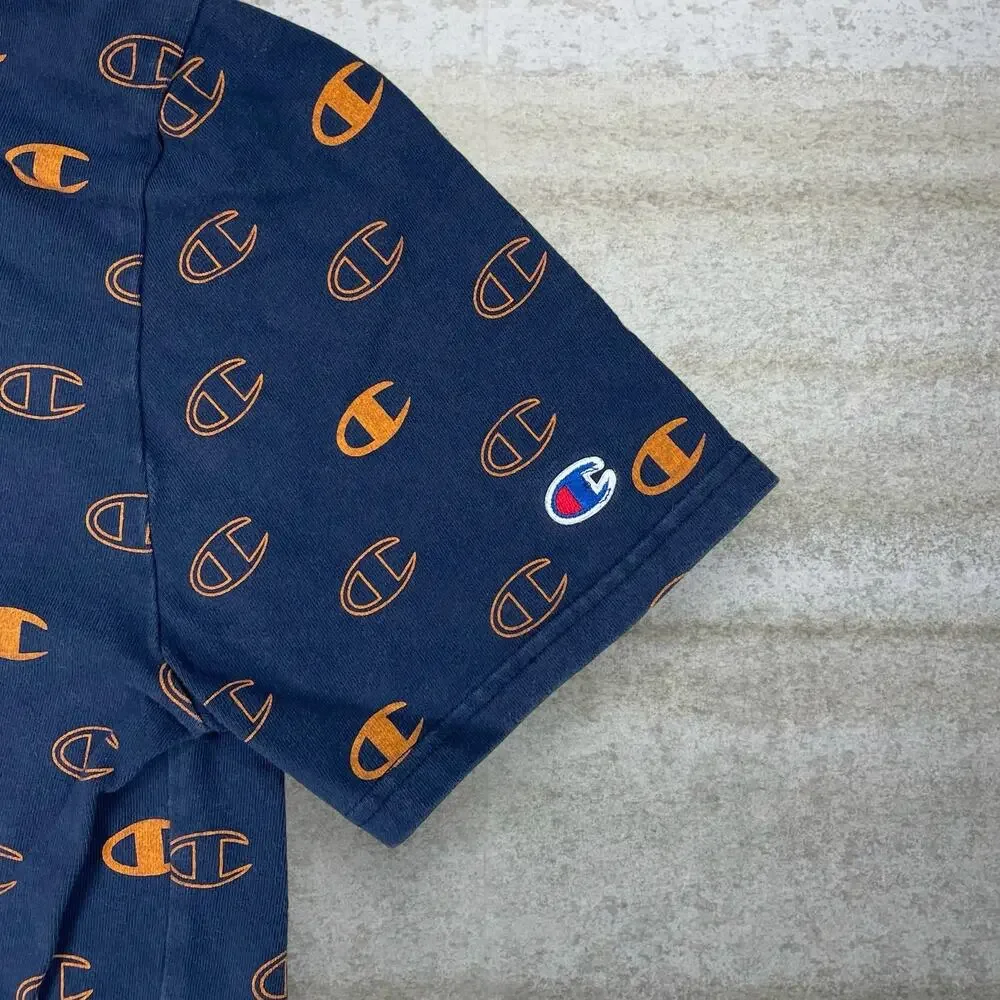 Vintage Y2K Champion Shirt Mens M Navy Blue Orange Cotton Short Sleeve - Picture 3 of 4